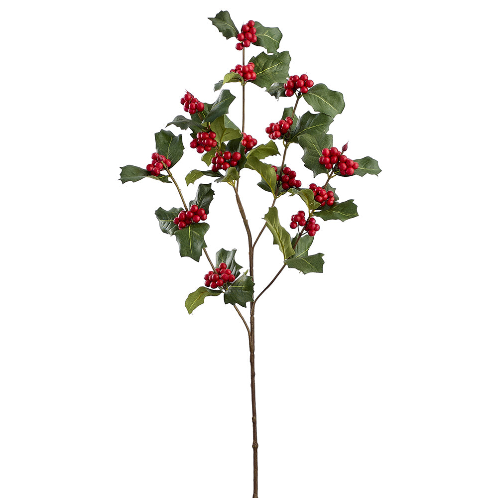 26 Artificial Holly Leaf & Berry Stem -Green